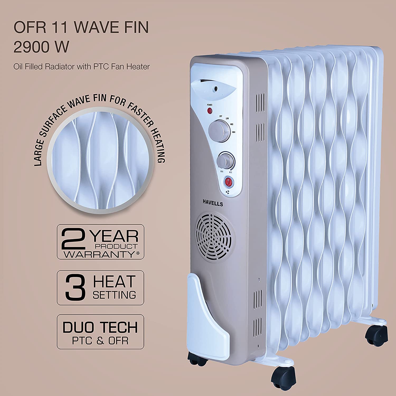 HAVELLS ROOM HEATER OFR 11 WAVE FINS WITH FAN 2900W, Beige